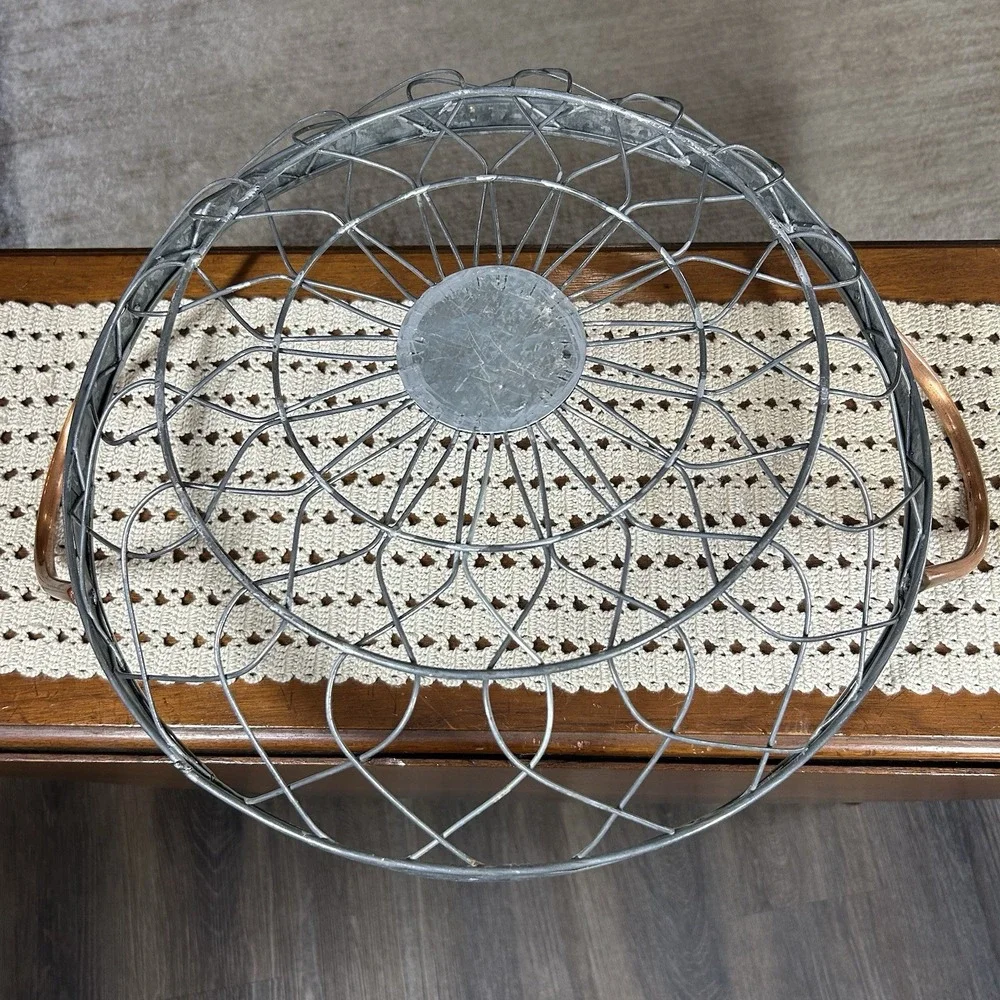 Farmhouse Galvanized Steel Wire Basket Copper Handles Large Table Decor 16.5 Dia